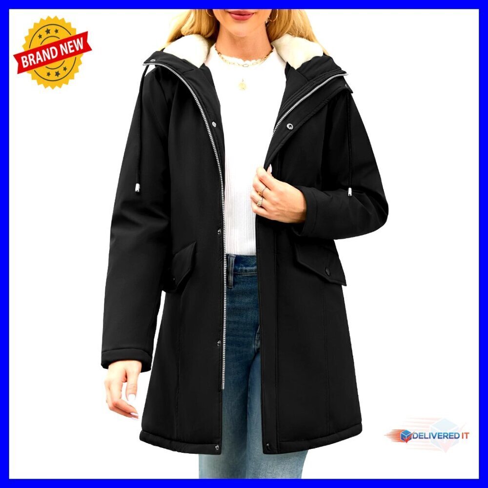 Women's Fleece Lined Rain Jacket with Adjustable Hood and Hidden Pockets